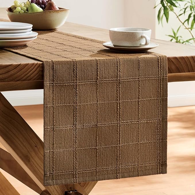 ZeeMart Linen Checked Farmhouse Table Runner, 13x108 Inches Roasted Brown | Raised Grid Design, Rich Woven Texture, Linen Blend Table Runners 108 Inches Long, Machine Washable, Boho Home Kitchen Decor