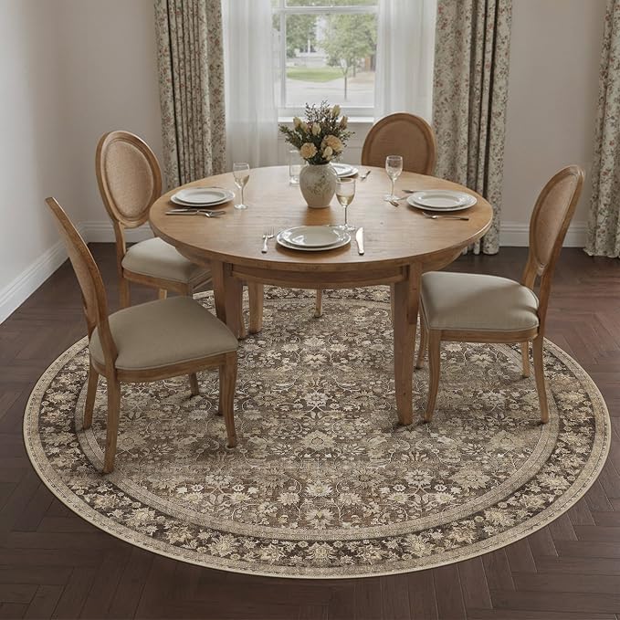 HUGEAR Round Rug 6ft Entryway Rugs Machine Washable Brown Hallway Area Rug 6x6 Large Circle Accent Rug Floral Low Pile Carpet Soft Throw Rug Living Room Office Laundry Room Entrance Non Slip