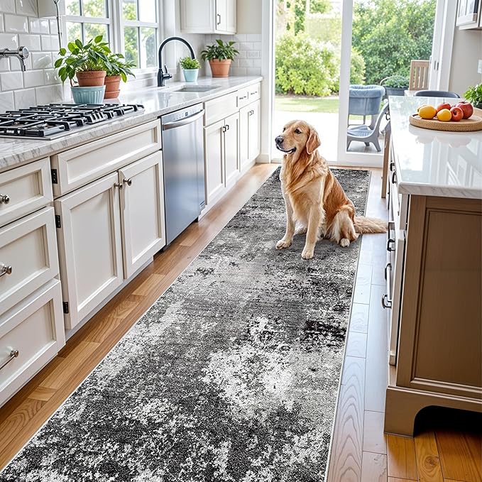 3x10 Washable Hallway Runner Rug - Non Slip Modern Wide Carpet for Kitchen Entryway Bathroom with Rubber Backing,Low Pile Thin Long Floor Runner Indoor（Black Grey,3x10）
