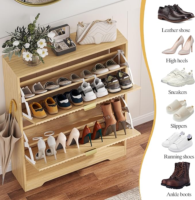 HUANLEGO Shoe Cabinet Storage for Entryway with 2 Flip Drawers, Fluted Shoe Cabinet with Open Storage, Wooden Hidden Shoe Rack Freestanding Narrow Slim Shoe Organizer for Hallway, Entrance