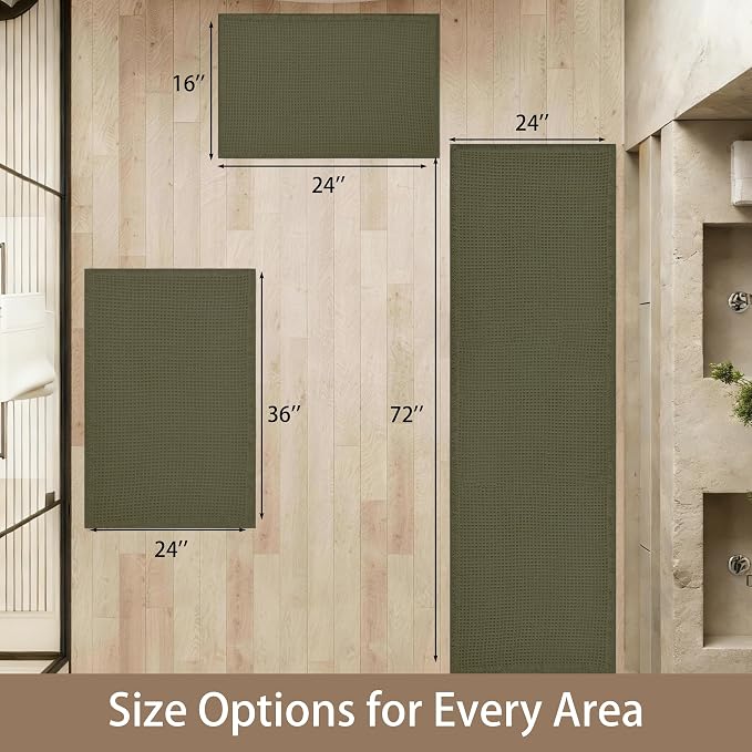 Waffle Bath Mat Non Slip, Boho Bathroom Rug, Super Absorbent Quick Dry Bathroom Mat, Soft Farmhouse Bath Rug with Tassels, Small Washable Shower Mats for Floor 16"x24", Olive Green