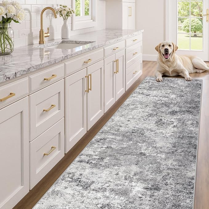 UERMEI 3x10 Washable Runner Rug for Hallway, Non Slip Low Pile Kitchen Carpet, Neutral Modern Abstract Indoor Floor Mat for Entryway Laundry, Kid & Pet Safe High Traffic Area, Grey