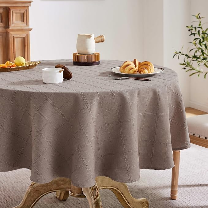 ZeeMart Linen Checked Table Cloth 60 Inches Round, Farmhouse Style Plaid Embroidered Water Resistant Table Cover, Cocoa Brown
