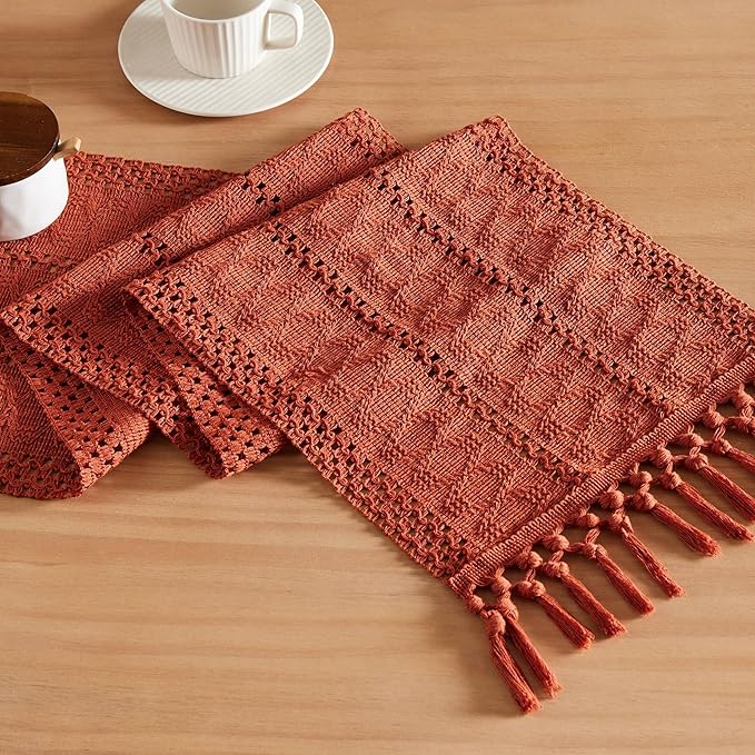 ZeeMart Macrame Style Boho Table Runner, Rust Table Runners 60 Inches Long, Farmhouse Woven Home Decor, 12x60 Inch, Rust