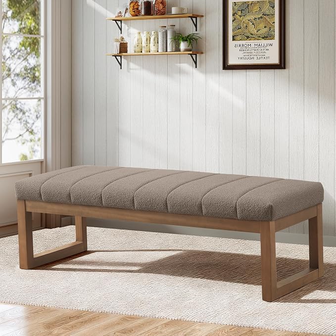 Zihanhome 52.7" Bedroom Bench for End of Bed, Modern Upholstered Teddy Fabric Entryway Bench & Dining Bench, Footrest Stool Bench with Solid Wood Frame for Bedroom, Living Room (Dark Brown)