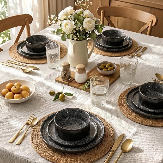 Kitchen Academy Black Fluted Stoneware Plates and Bowls Sets for 4, 12 Pieces Ceramic Dinnerware Set Non Toxic, Scratch Resistant Dish, Oven & Microwave & Dishwasher Safe
