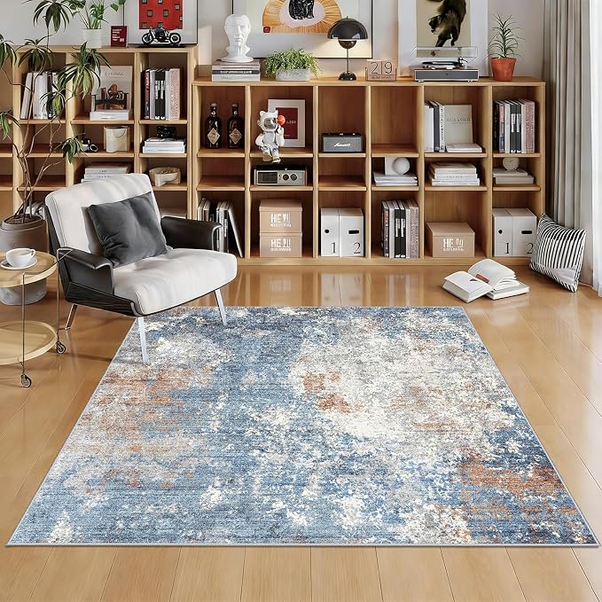 5x5 Square Rug for Living Room Machine Washable Non-Slip Area Rug for Kitchen Entryway Bathroom Modern Neutral Abstract Soft 5ft Indoor Carpet (Blue Rust, 5x5)