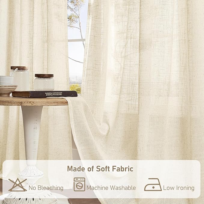 LAMIT Living Room Linen Curtains 95 Inch for Bedroom, Back Tab and Rod Pocket Linen Textured Sheer Curtains Light Filtering Boho Drapes for Canopy/Nursery, 2 Panels, 52 x 95 Inch, Beige