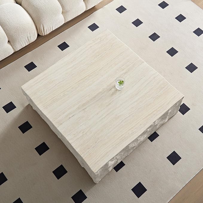 Square Coffee Table for Living Room Modern Center Table for Apartment, No Need Assembly (Fiberglass 35.43'' Cement Stone Pattern)