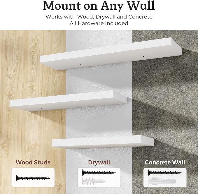 White Floating Shelves for Wall for Wall, 9.3" Deep Wall Mounted Wood Shelves for Bathroom, Bedroom (White, 48)