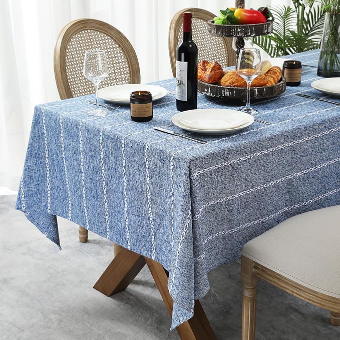 Chassic 60 x 104 inches Farmhouse Style Linen tablecloths, Wrinkle Resistant Washable Dining Room Table Cloths for 6 Foot Rectangle Tables - Blue