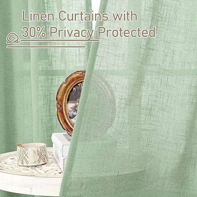 LAMIT 95 Inches Long Fresh Green Linen Curtains for Living Room, Bronze Grommet Linen Textured Curtains Light Filtering Boho Drapes for Bedroom/Dining Room, Set of 2, 52 x 95 Inch