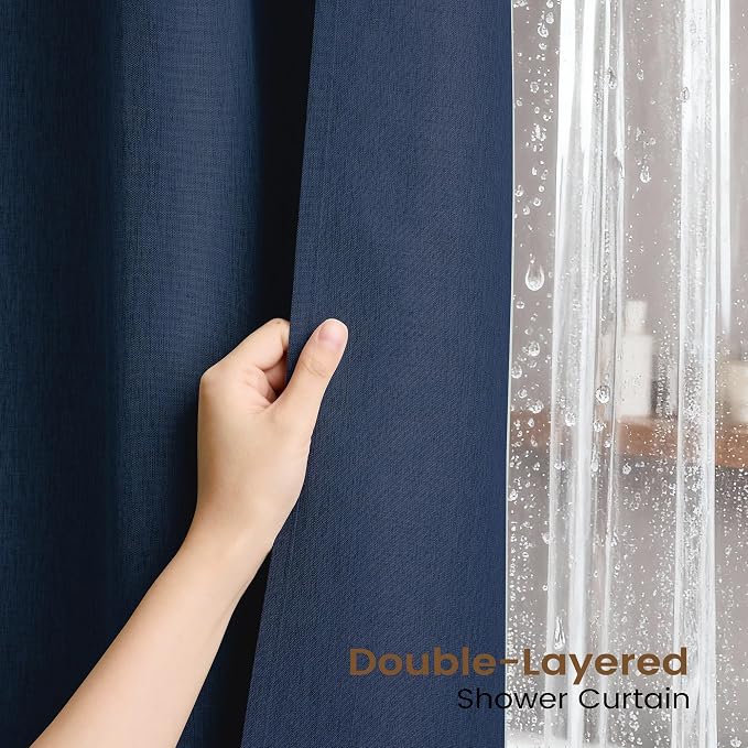 BTTN 3 in 1 Shower Curtain Set, 78 Inch Long Linen Textured Fabric Shower Curtain and Clear Liner Set with Hook, Modern Hotel Weighted Waterproof Fabric Shower Curtain for Bathroom, Navy Blue, 72x78