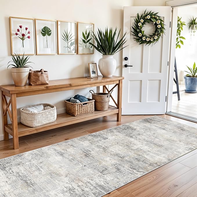 3x12 ft Non Skid Hallway Runner Rug - Kitchen Runner Rug with Rubber Backing Low Pile Thin Carpet Runners for Kitchen Entryway Bathroom,Modern Abstract Neutral（Gray Beige,3x12）