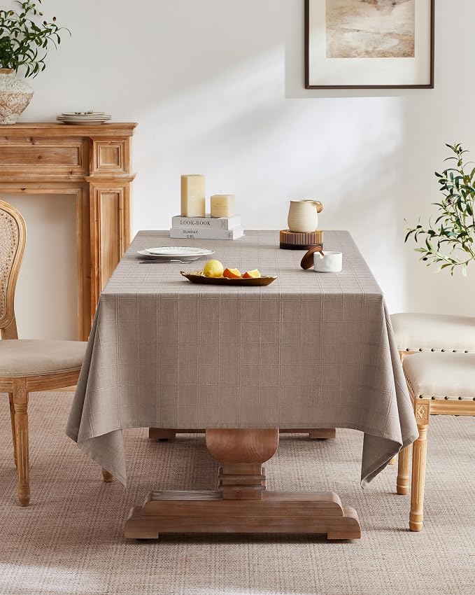 ZeeMart Linen Checked Table Cloth 60x104 Inches (Fit 6ft–7ft, Narrow Fit 8ft Rectangle Table), Farmhouse Style Plaid Embroidered Water Resistant Table Cover, Cocoa Brown