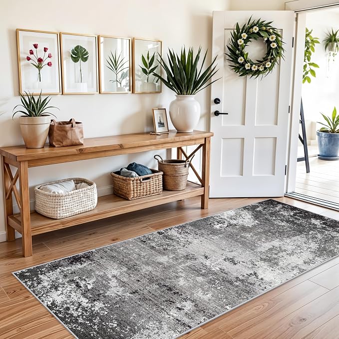 Kitchen Runner Rug 3x7 Washable Non-Slip Modern Abstract Neutral Carpet for Hallway, Entryway, Bedroom, Bathroom Low-Pile Thin Stain-Resistant Wide Floor Runner Black Grey