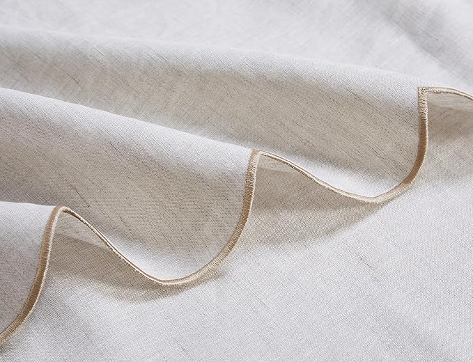 100% French Flax Linen Scalloped Embroidery Rectangle Tablecloths 108Lx60W Inch for Dinners, Parties, Spring, Machine Washable, 8-10 Sets, Linen(Edges-Gold)