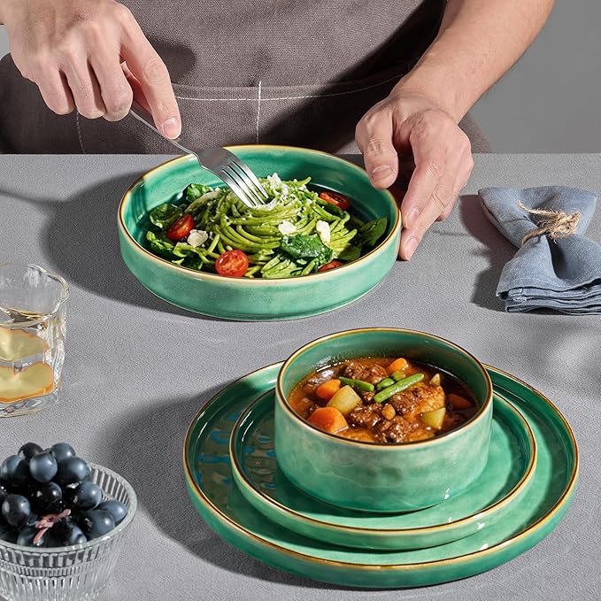 E-far 16-Piece Plates and Bowls Sets with Pasta Bowls - Stoneware Dinnerware Set for 4, Modern Ribbed Dishes, Microwave & Dishwasher Safe, Reactive Green