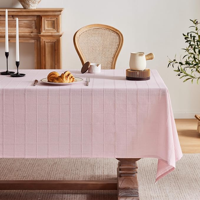 ZeeMart Linen Checked Table Cloth 60x60 Inches, Farmhouse Style Plaid Embroidered Water Resistant Square Table Cover, Pink