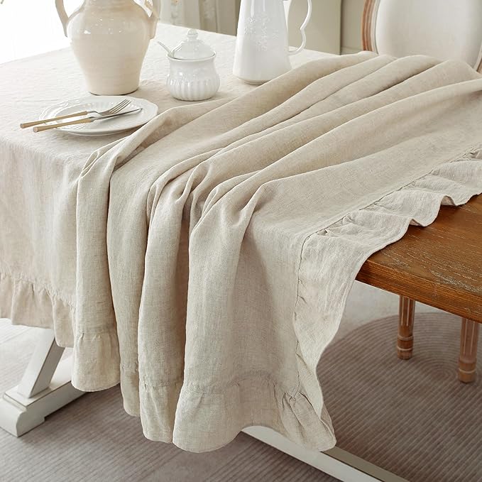 Linen World Ruffle Linen Tablecloth,100% French Linen Natural Tablecloth 132" x 90" Inch,Washable Rectangular Tablecloth for Dining,Outdoor,Weddings and Restaurants,Decorative Thanksgiving Christmas