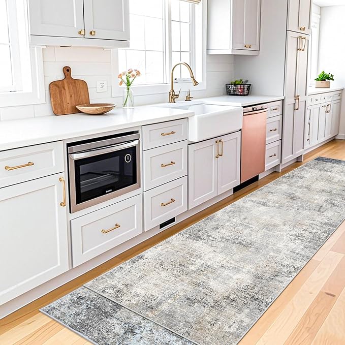 3x10 ft Long Hallway Runner Rug – Non-Slip Washable Kitchen Floor Rug with Rubber Backing, Modern Low Pile Thin Wide Carpet Runners for Bedroom, Entryway Indoor（Gray Beige,3x10）