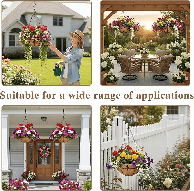 EIMQUVW 4 Pack Outdoor Patio Hanging Baskets 12 Inch Chain Link Round Metal Hanging Planters with Coco Liner Wire Flower Pots Suitable for Balconies Porches Gardens and Windowsills