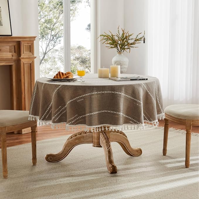 ZeeMart Hemstitched Embroidery Striped Boho Tablecloth 60 Inch Round Cocoa Brown, Heavy Weight Farmhouse Burlap Linen Brown Tablecloth, Wrinkle Resistant Washable Table Cloth for Round Table