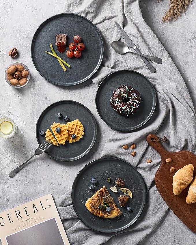famiware Star Salad Plates for 6, 8 inches Plate Set, Stoneware Dinnerware, Small Dinner Plates for Dessert, Salad, Appetizer, Matte Dark Charcoal (Full Glaze) (Pack of 2)