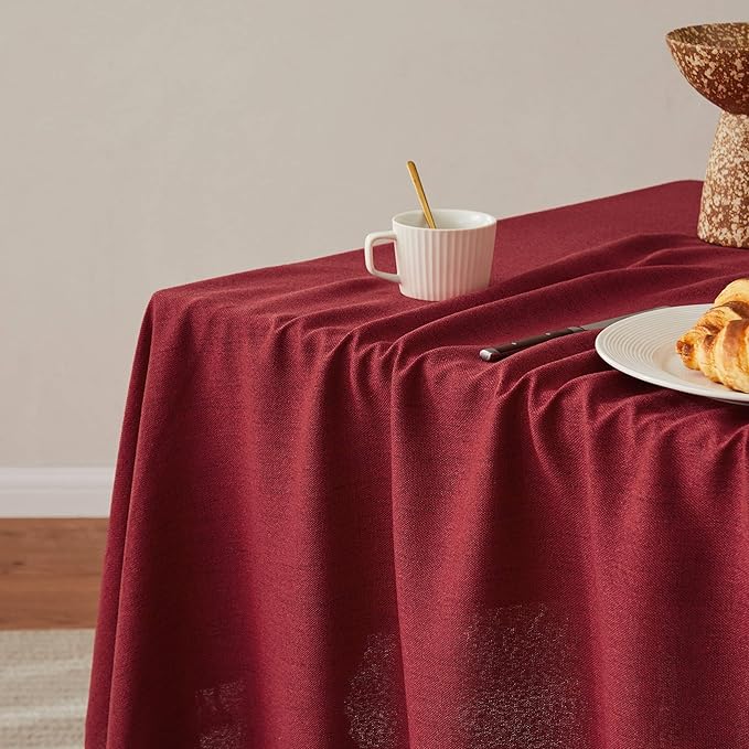 Linen Tablecloth with Tassels, Farmhouse Style Burgundy Tablecloth, Water Resistant Burlap Tablecloths for Rectangle Table, 60x84 Inch Burgundy