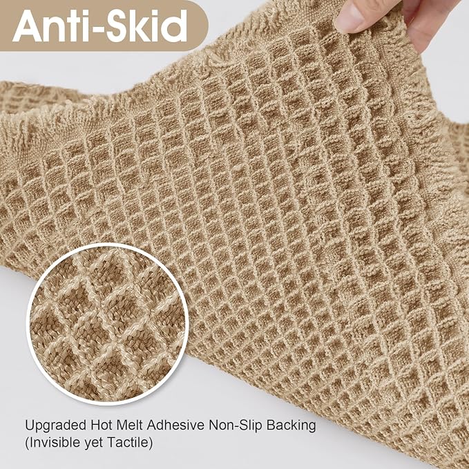 Upgraded Waffle Bath Mat Set 3 Piece Beige-Bordered, Super Absorbent Non-Slip Quick Dry Bathroom Rugs with Tassels, Machine Washable Ultra Soft Boho Bath Rugs for Floor, Bath Mats Boho Farmhouse Decor