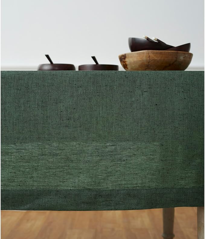 Solino Home Linen Tablecloth 60 x 156 Inch - 100% Pure Linen Forest Green Table Cloth for Rectangle Tables - Athena, Machine Washable Tablecloth