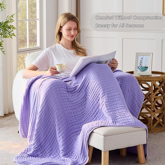 VANJOROY 9-Layer Muslin Throw Blanket King 90" x 108" Purple, 100% Cotton Organic Breathable Lightweight Large Throw for Couch Bed Quilt and Bedspread - All Season Muslin Soft Gauze Blanket