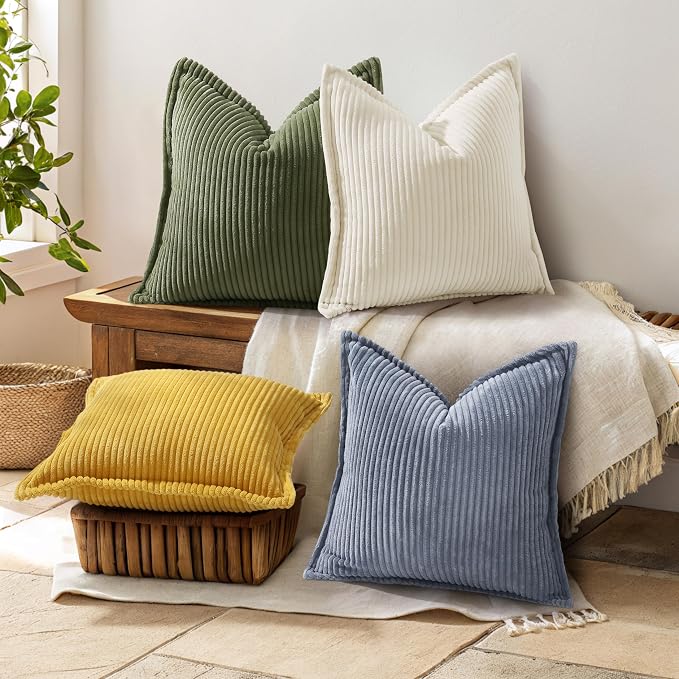 decorUhome Summer Corduroy Blue Grey Throw Pillow Covers 18x18 Set of 2 Decorative Soft Boho Farmhouse Couch Pillow Covers for Living Room Bed Sofa Broadside Striped Pillow Cases
