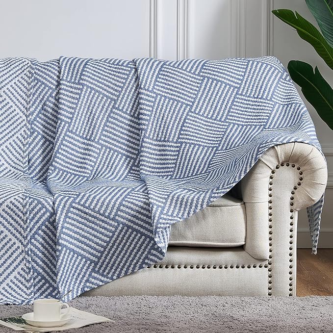 jinchan Boho 100% Cotton Blanket Muslin Twin Size 60x80 Inches Lightweight 3-Layer Geometric Square Striped Pattern Reversible Quilt Throw Soft Breathable Comfy All Seasons for Couch Bed Decor, Blue