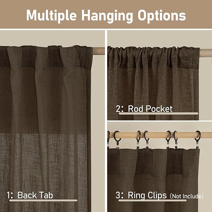 LAMIT Dark Brown Linen Boho Curtains 84 inch Length 2 Panels, Light Filtering Semi Sheer Panels Back Tab and Rod Pocket Neutral Drapes for Bedroom/Living Room, 34 x 84 Inch