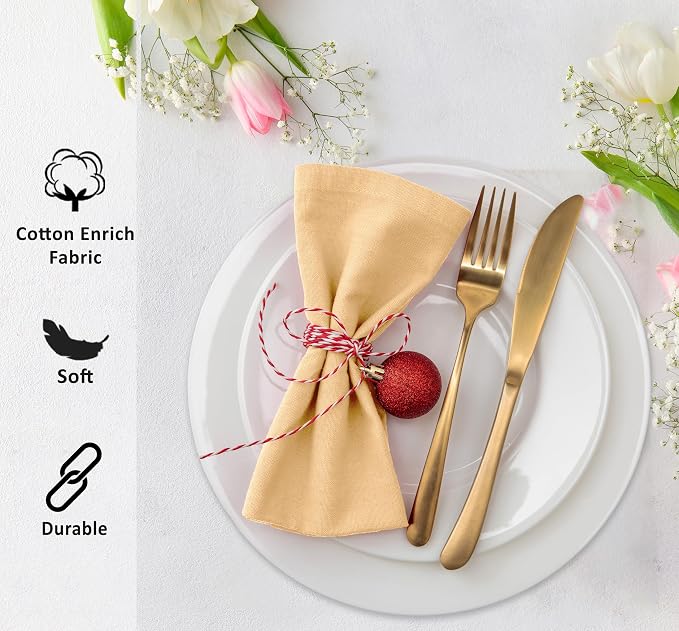 Ruvanti Cloth Napkins Set of 6, 18x18 Inches Napkins Cloth Washable, Soft, Durable, Absorbent, Cotton Blend. Table Dinner Napkins Cloth for Hotel, Lunch, Restaurant, Wedding Parties - Ivory Gold