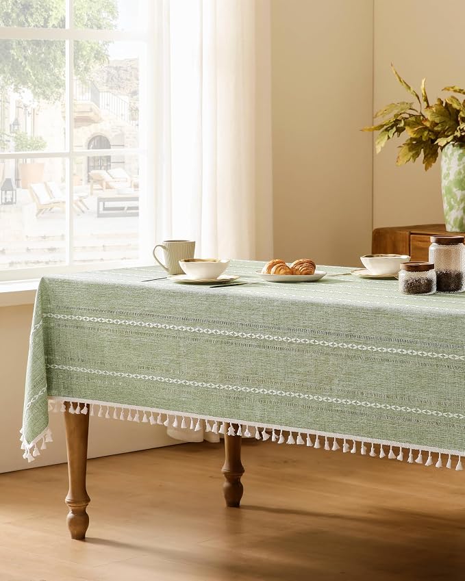 ZeeMart Hemstitched Embroidery Striped Boho Tablecloth 60x120 Inch Sage Green, Heavy Weight Farmhouse Burlap Linen Sage Green Tablecloth, Wrinkle Resistant Washable Table Cloth for Rectangle Table