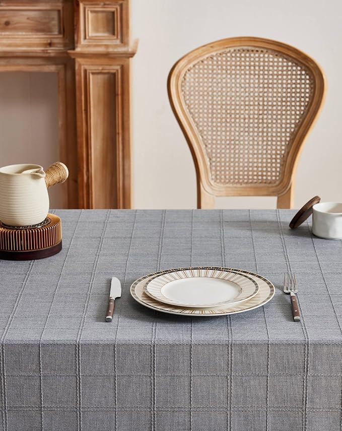 ZeeMart Linen Checked Table Cloth 52x52 Inches, Farmhouse Style Plaid Embroidered Water Resistant Square Table Cover, Blue Ashes