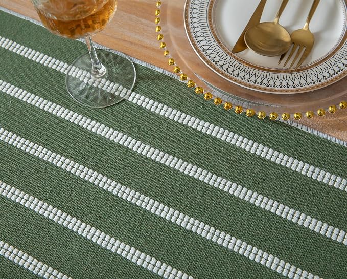 Caflife Boho Table Runner 108 Inchs Long Green, Cotton and Linen Woven with Tassels, for Modern Rustic Farmhouse Neutral Table Runners, Bohemian Kitchen Dining Table Home Decor