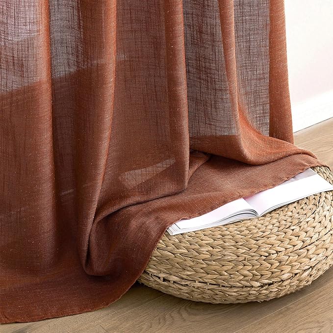 MIULEE Burnt Orange Linen Curtains 63 Inch Length 2 Panels for Bedroom Living Room, Soft Thick Linen Textured Kitchen Window Drapes Semi Sheer Light Filtering Back Tab Rod Pocket Terracotta Fall Decor