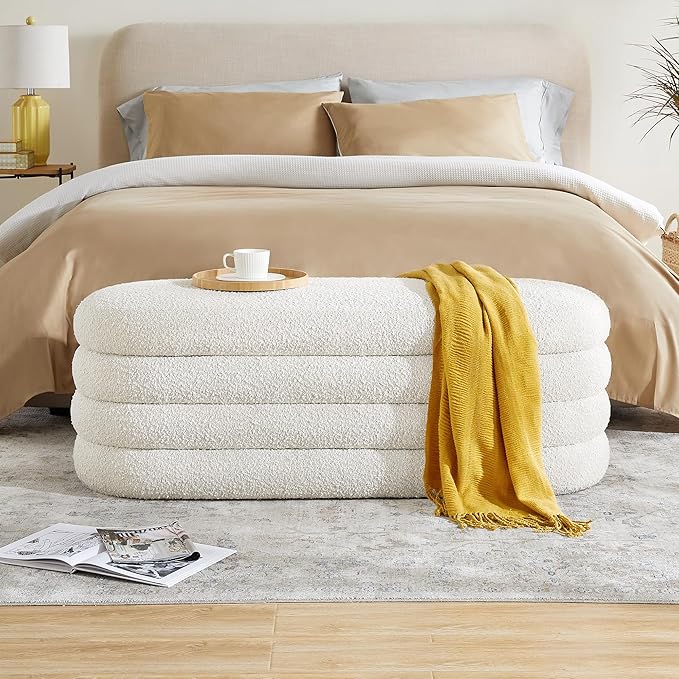 Busaurus Storage Ottoman Bench 49.2 Inch Upholstered Fabric Storage Bench for Bedroom End of Bed Aesthetic Large Oval Ottoman for Living Room Entryway (Ivory)
