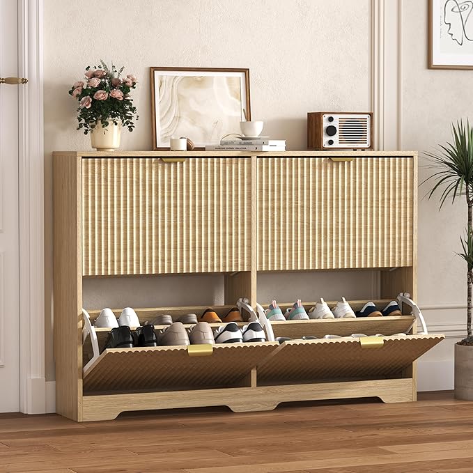 HUANLEGO Shoe Cabinet Storage for Entryway with 4 Flip Drawers, Oak Fluted Shoe Cabinet with Adjustable Shelves, Wooden Hidden Shoes Rack Freestanding Narrow Slim Shoes Storage for Hallway, Entrance