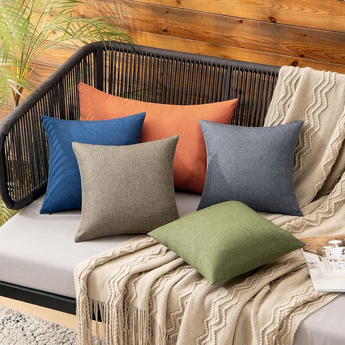 MIULEE Pack of 2 Decorative Outdoor Solid Waterproof Throw Pillow Covers Faux Linen Garden Farmhouse Cushion Cases for Patio Tent Balcony Couch Sofa 12x12 Inch Dark Green