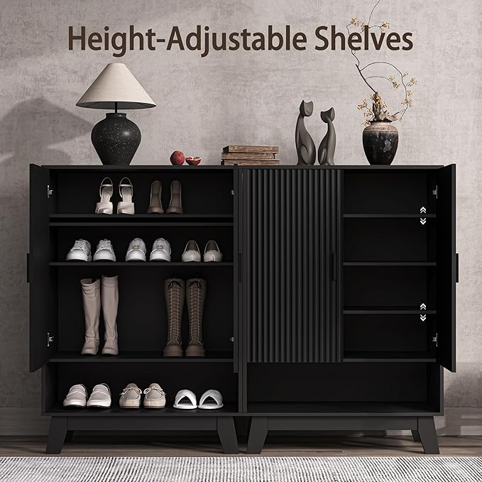 4-Tier Fluted Shoe Cabinet with 2 Doors & Open Shelf, Mid Century Modern Shoe Storage Organizer with Adjustable Shelves, Metal Handles & Wood Legs, Hidden Shoe Rack for Entryway, Hallway