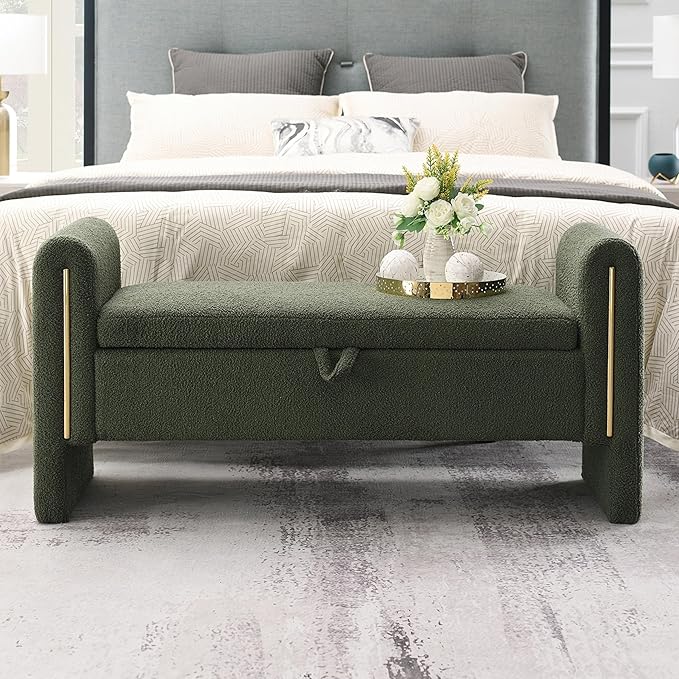 Christopher Knight Home Upholstered Storage Ottoman, Teddy Fabric Bench with Solid Wood Legs, Comfortable Foot Rest Stool, Storage Bench for Bedroom End of Bed, Living Room, Dining Room, Green