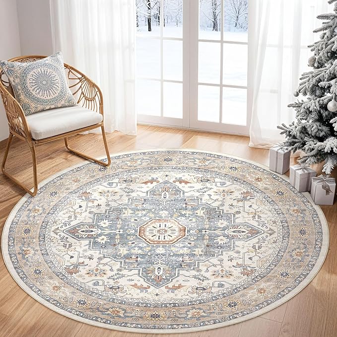 Round Rug Living Room Rugs: 4x4 Washable Boho Neutral Large Circle Soft Indoor Distressed Stain Resistant Floor Farmhouse Carpet for Bedroom Nursery Kids Playroom Office Dining Room Dorm- Beige Blue