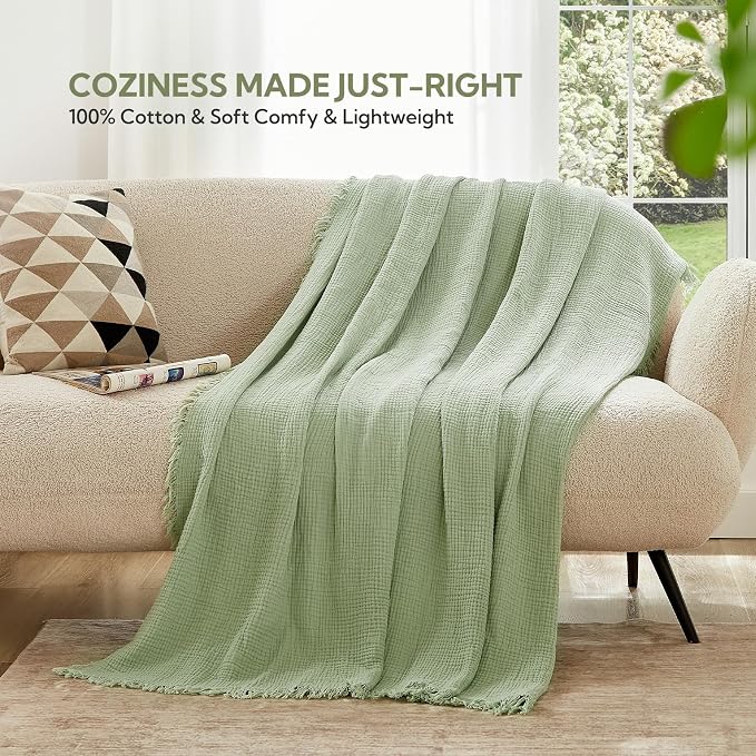 SOULFUL Muslin Throw Blanket with Tassels - Soft Full Size Cotton Throw Blanket for Couch or Bed, Lightweight and Breathable Gauze for All Seasons, Grassgreen, 66" x 90"