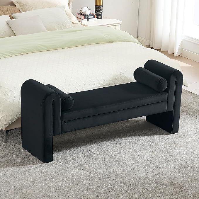 60.5" Velvet Storage Bench,Vintage Upholstered Rolled Armed Button Tufted Stool Bench for Bedroom, Living Room, Entryway, Hallway, Dressing Room (Black-)
