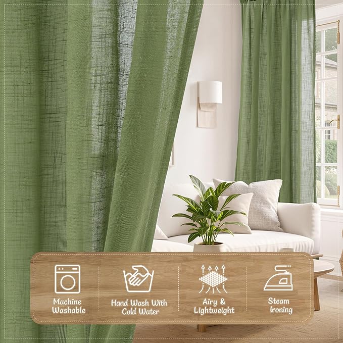 LAMIT 40 Inch Sage Green Linen Curtains for Kitchen Windows Over Sink, Semi Sheer Light Filtering Panels Back Tab and Rod Pocket Spring Decor Drapes for Bathroom/Windows/Cafe, 2 Panels, 34 x 40 Inch