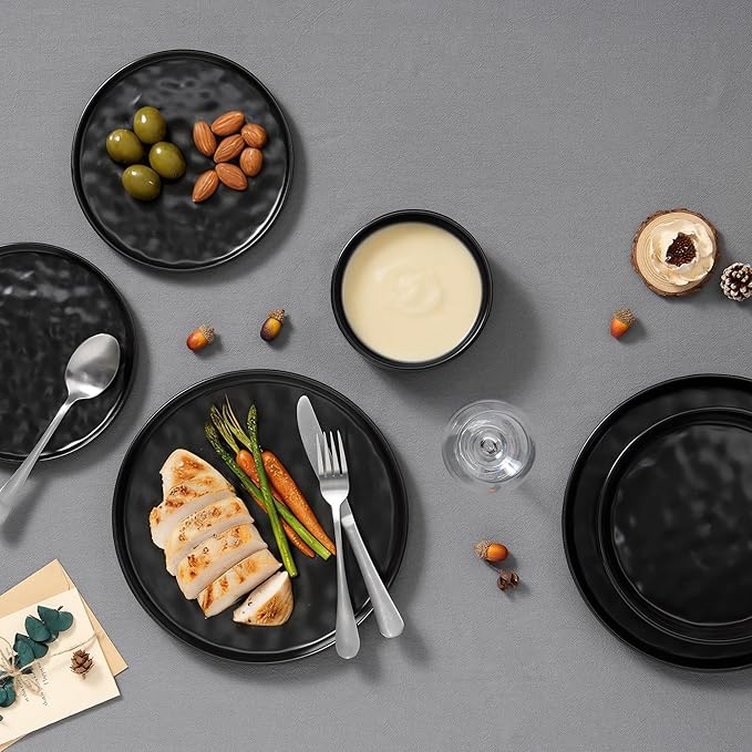 E-far 8-Piece Black Plates and Bowls Sets with Pasta Bowls - Stoneware Dinnerware Set for 2, Modern Ribbed Matte Black Kitchen Dishes, Microwave & Dishwasher Safe
